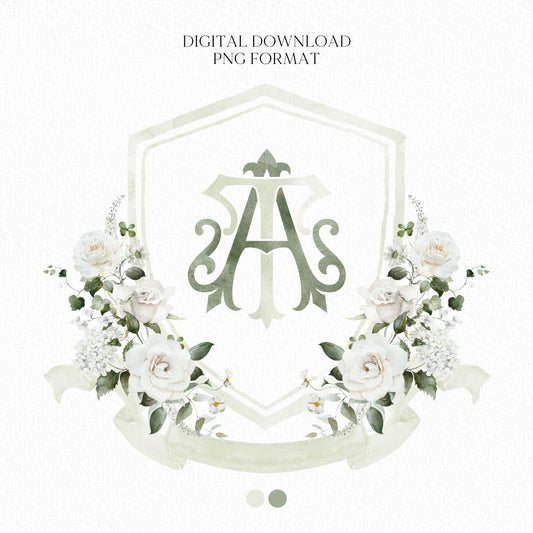 White Rose Greenery White Flower Wedding Crest - Monogram Crest - White Floral Watercolor Wedding Crest - Romantic Wedding Crest