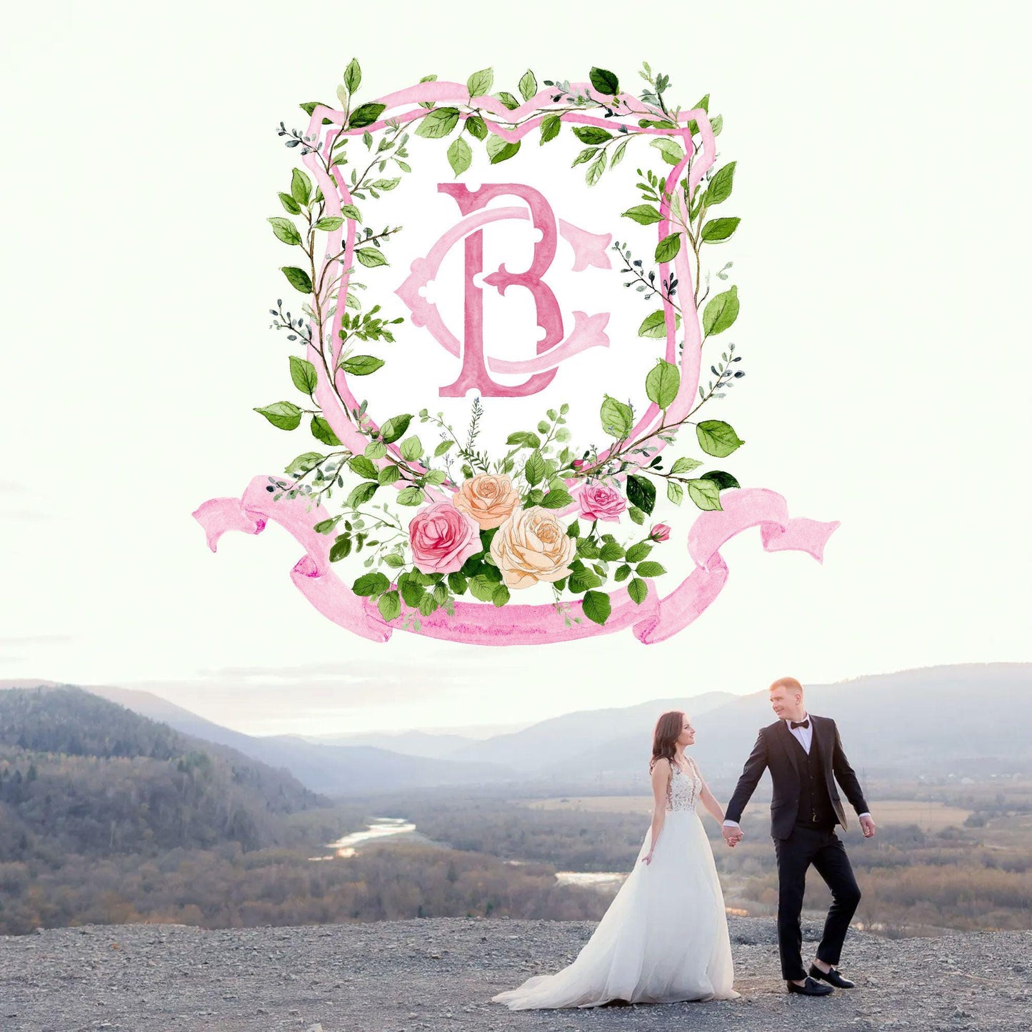 Blush Roses Soft Petals Flower Wedding Crest - Monogram Crest - Watercolor Rose Floral Watercolor Wedding Crest - Romantic Wedding Crest