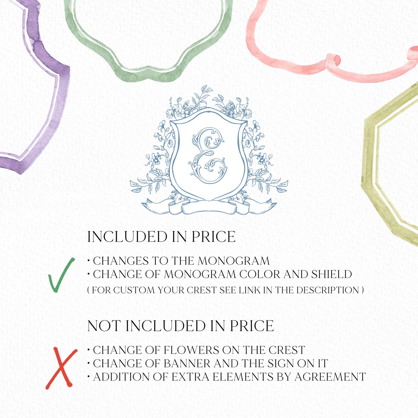 Vintage Blue Botanicals Flower Crest - Monogram Crest - Botanicals Floral Luxury Line art Wedding Crest - Romantic Wedding Crest