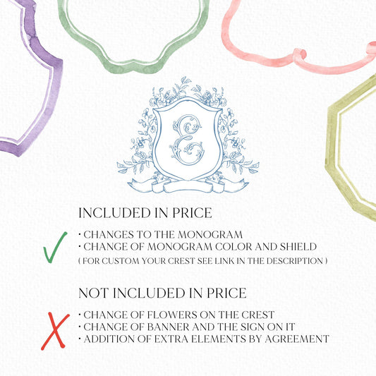Vintage Blue Botanicals Flower Crest - Monogram Crest - Botanicals Floral Luxury Line art Wedding Crest - Romantic Wedding Crest
