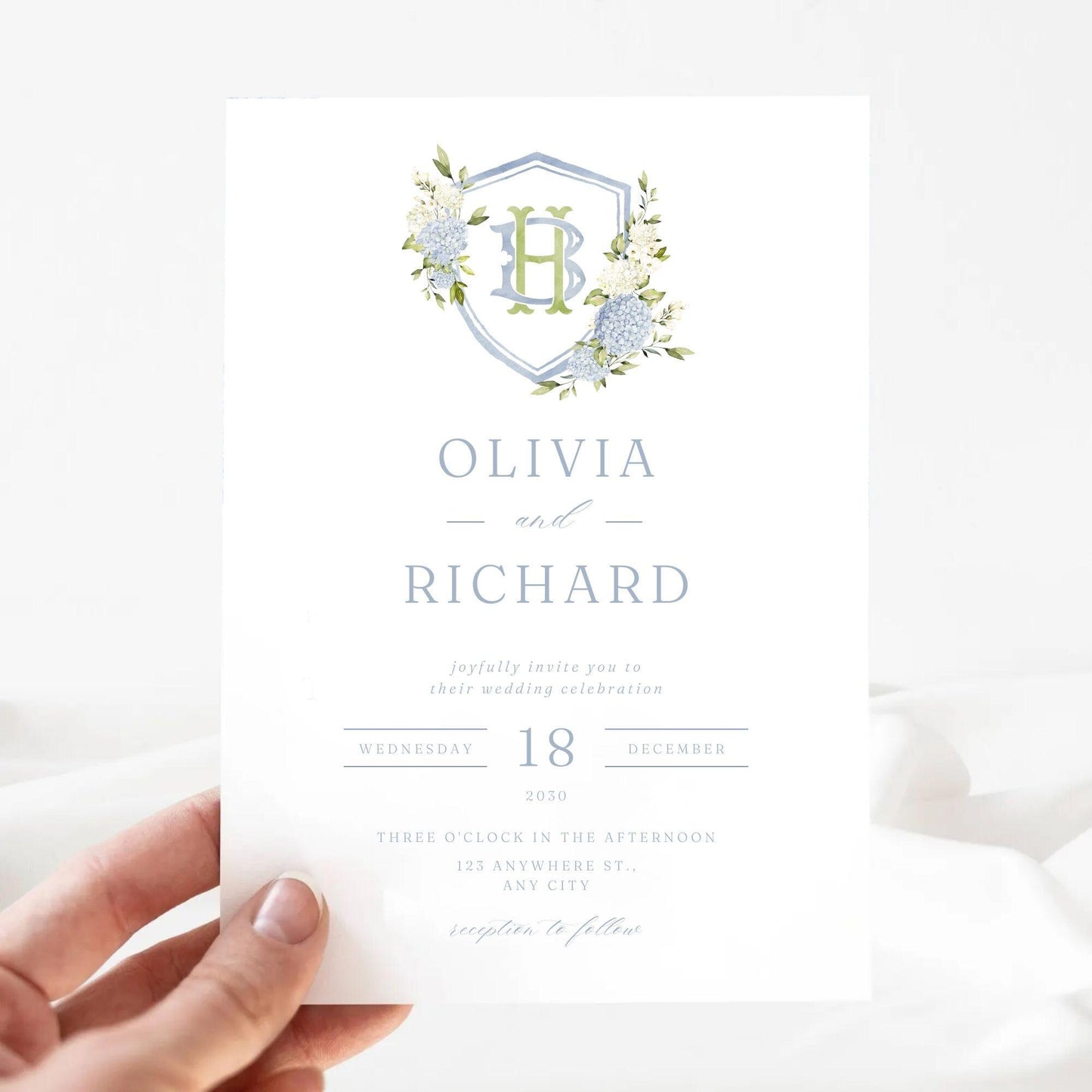 Blue White Hydrangea Flower Wedding Crest - Monogram Crest - Hydrangea Floral Luxury Watercolor Wedding Crest - Romantic Wedding Crest