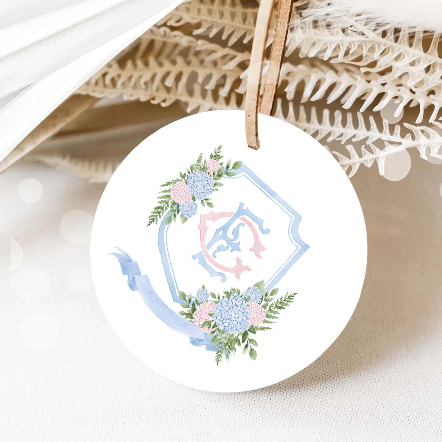 Blue Pink Hydrangea Flower Wedding Crest - Monogram Crest - Eucalyptus Greenery Hydrangea Floral Luxury Watercolor Wedding Crest