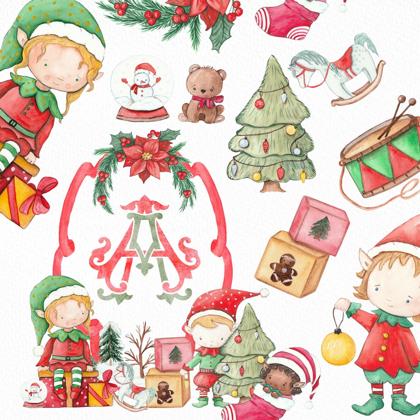 Elf Red Green Christmas Crest - Monogram Crest - Christmas Watercolor Crest DIY - Luxury Watercolor Wedding Crest - Elf Red Christmas