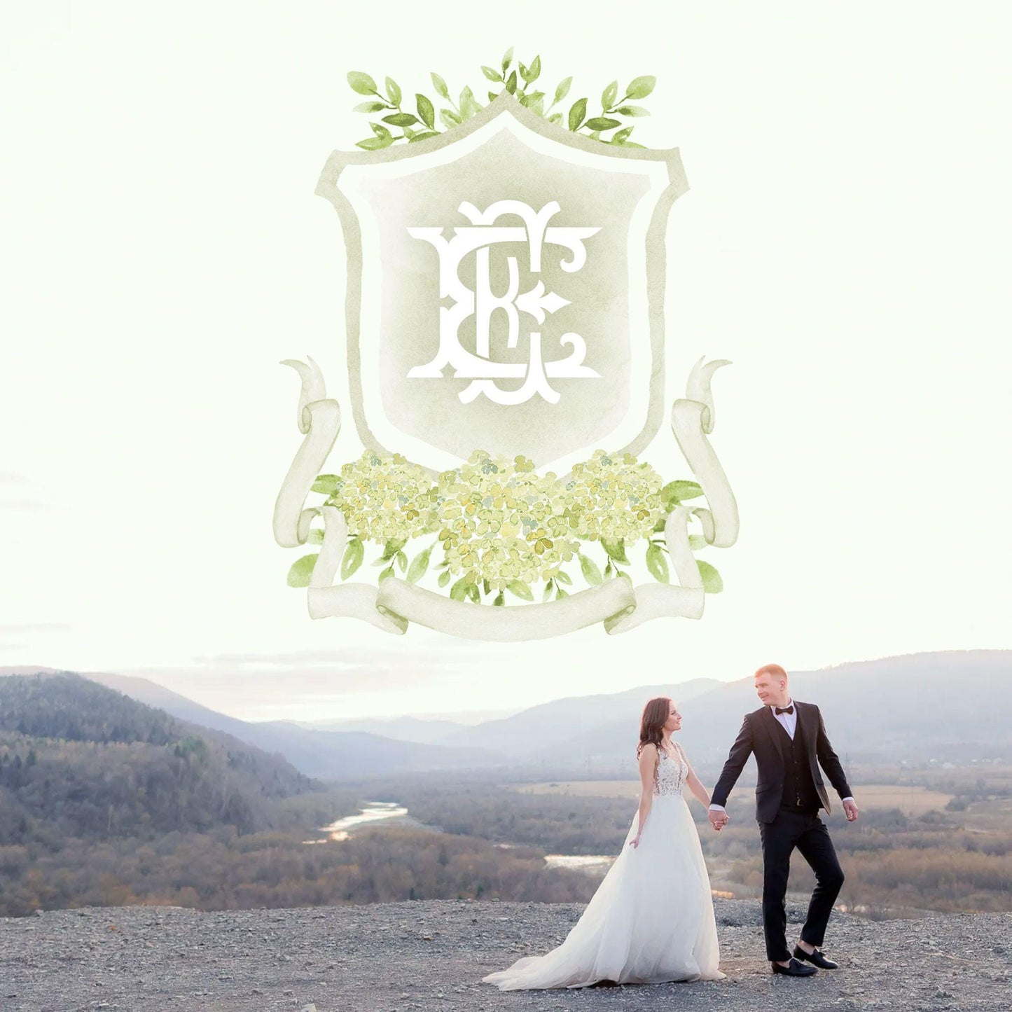 Green Hydrangea Flower Wedding Crest - Monogram Crest - Hydrangea Floral Watercolor Wedding Crest - Romantic Wedding Crest - Boho Hydrangea
