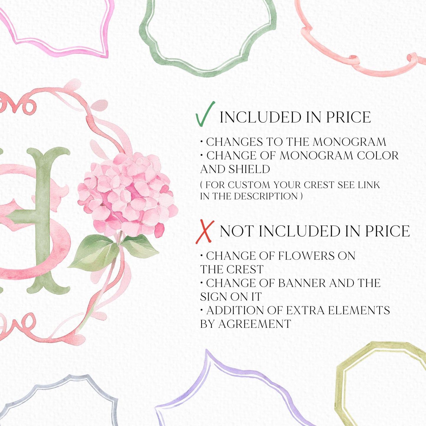 Pink Hydrangea Flower Wedding Crest - Monogram Crest - Hydrangea Floral Luxury Watercolor Wedding Crest - Romantic Wedding Crest