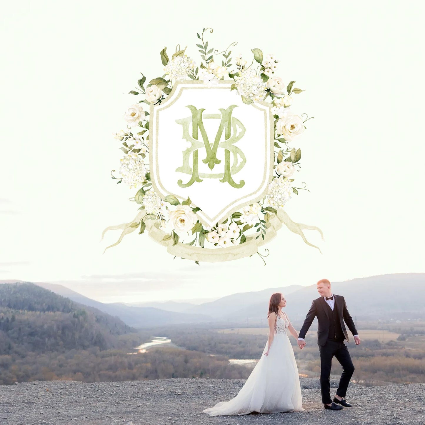 White Hydrangea Flower Wedding Crest - Monogram Crest - Hydrangea Floral Watercolor Wedding Crest - Romantic Wedding Crest - Boho Hydrangea