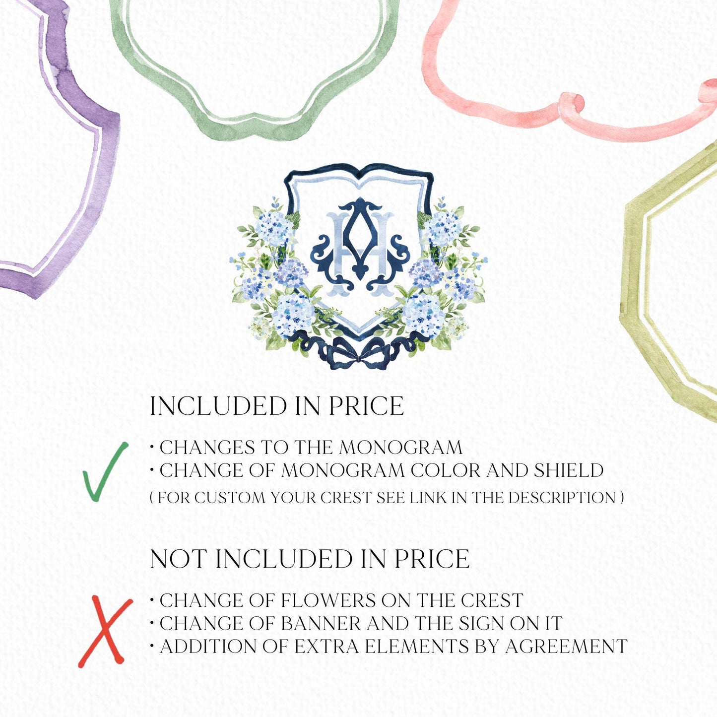 Hydrangea Flower Wedding Crest - Monogram Crest - Hydrangea Floral Luxury Watercolor Wedding Crest - Romantic Wedding Crest- Boho Hydrangea