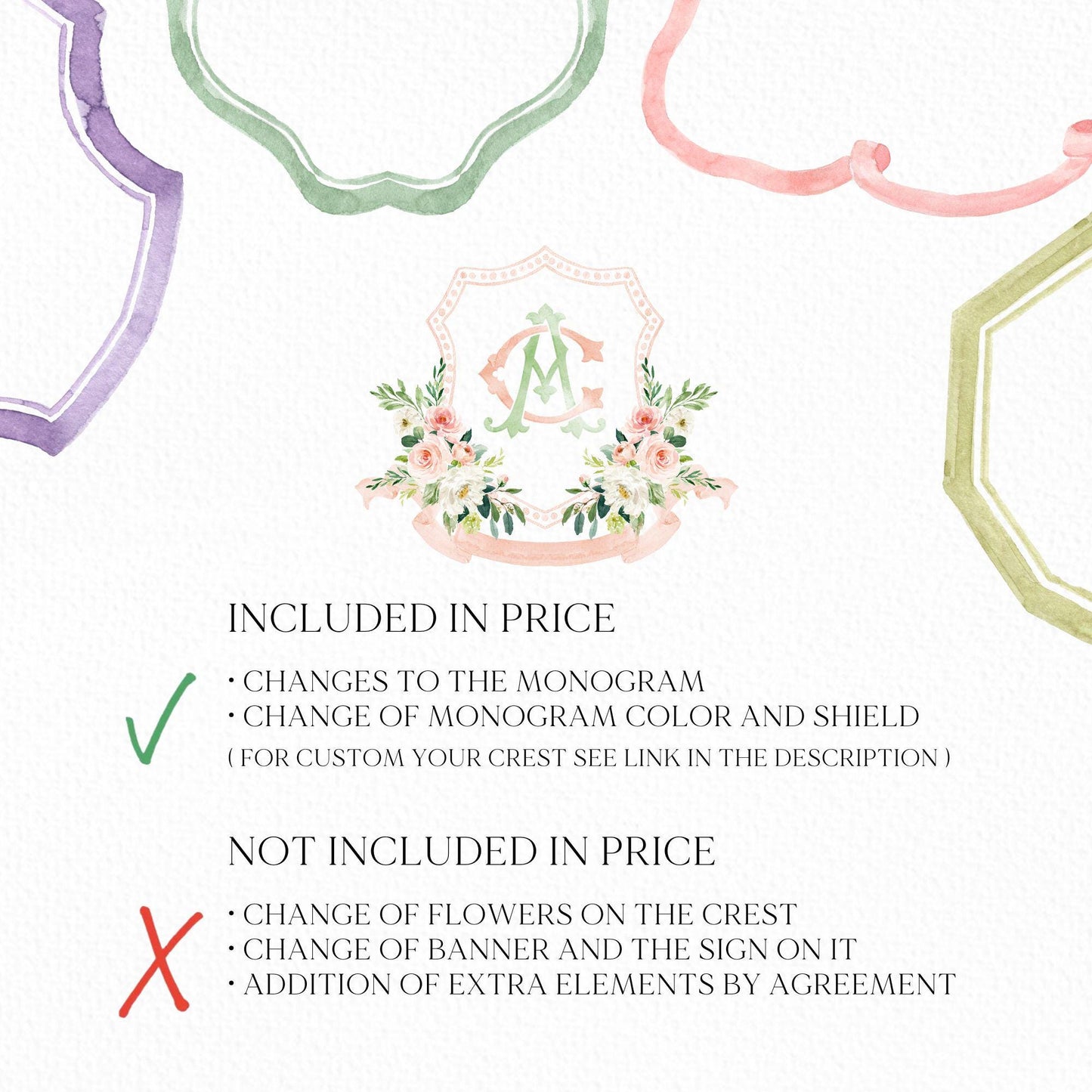 Blush Pink Floral Rustic Greenery Flower Wedding Crest - Monogram Crest - Floral Watercolor Wedding Crest - Romantic Wedding Crest