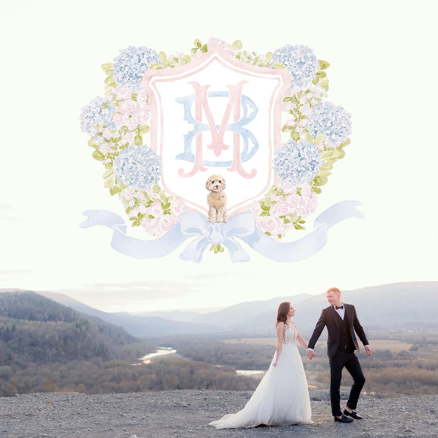 Hydrangea Pink Green Floral Wedding Crest - Monogram Crest - Green Baby's Breath Hydrangea Floral Luxury Watercolor Wedding Crest