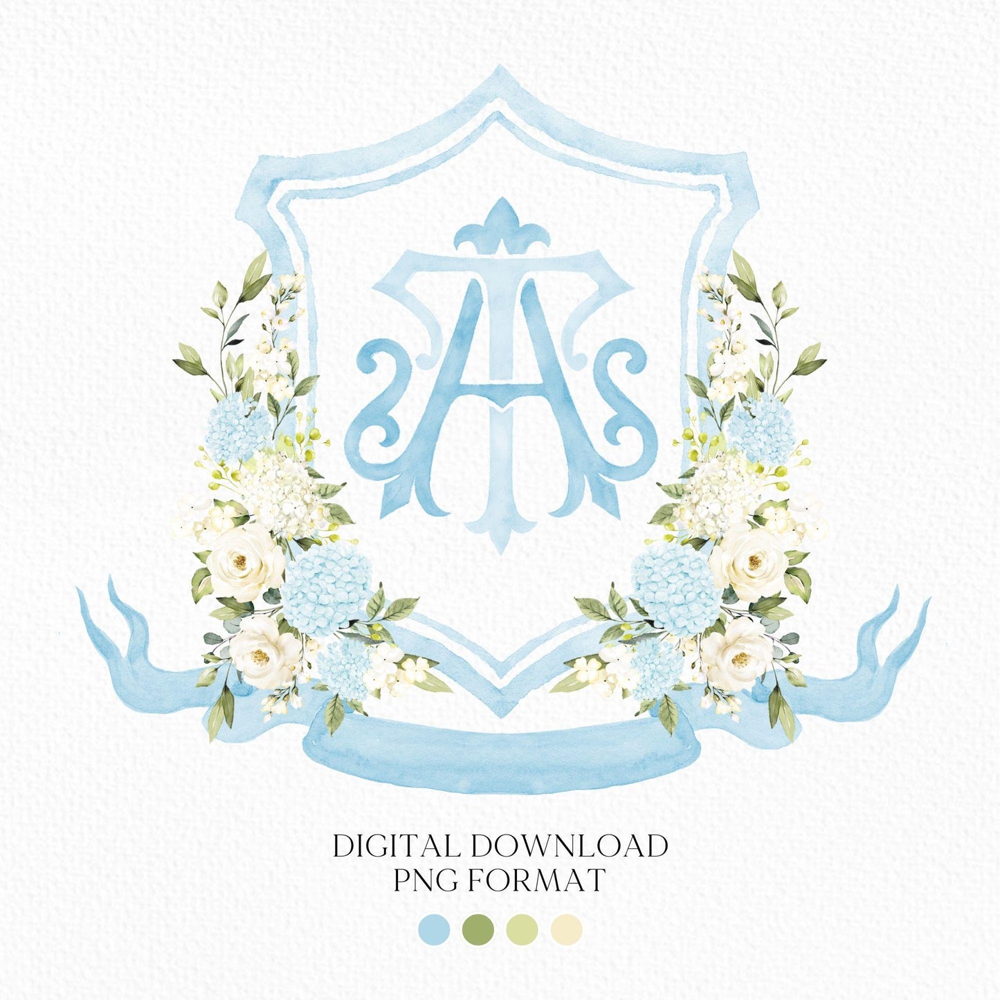 Light Blue Hydrangea Flower Wedding Crest - Monogram Crest - Roses Floral Luxury Watercolor Wedding Crest - Romantic Wedding Crest