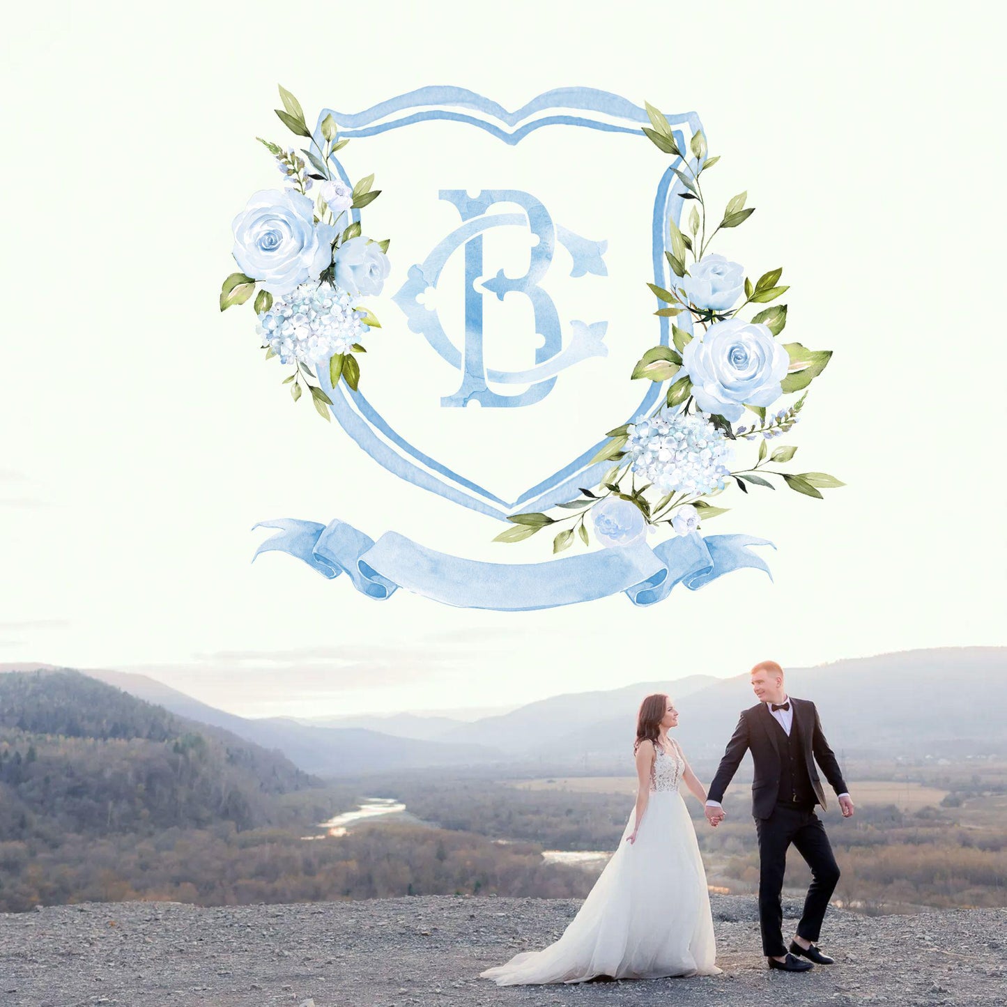 Baby Blue Roses Eucalyptus Flower Wedding Crest - Monogram Crest - Blue Floral Luxury Watercolor Wedding Crest - Romantic Wedding Crest