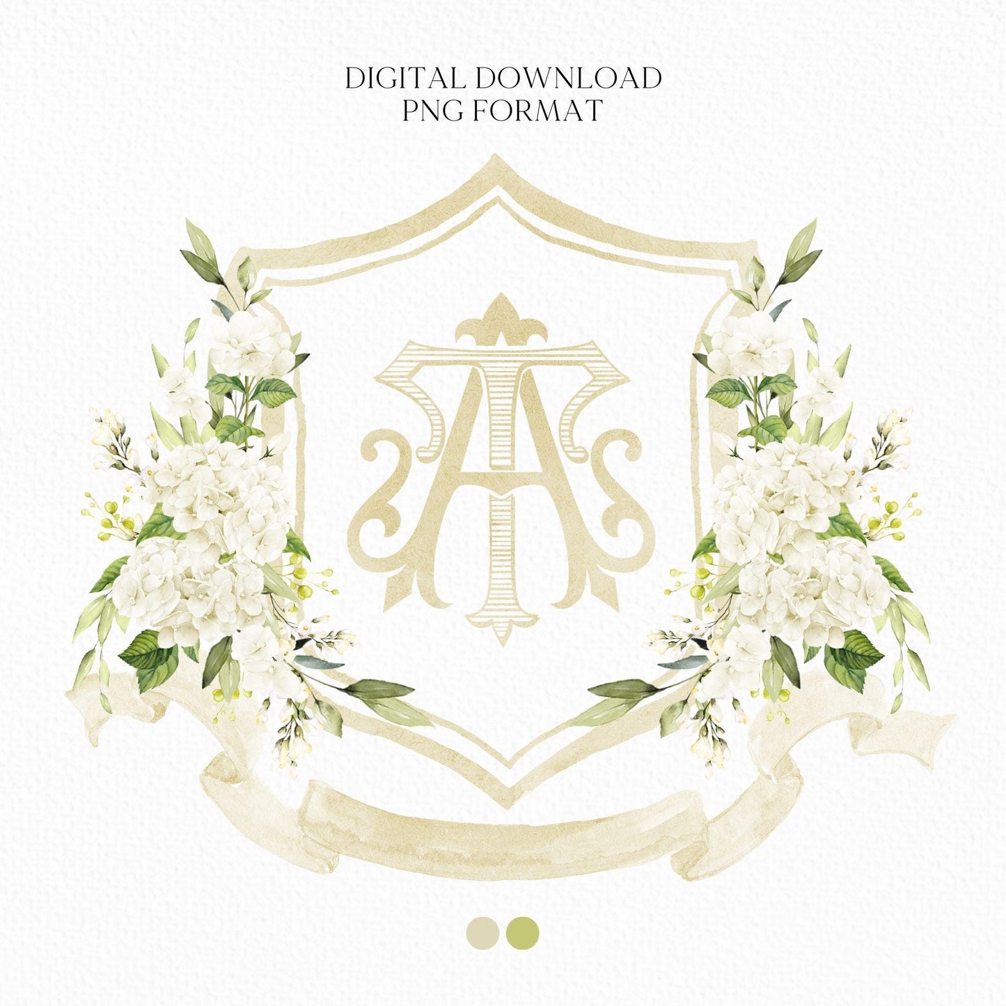 White Hydrangea Flower Wedding Crest - Monogram Crest - Hydrangea Floral Watercolor Wedding Crest - Romantic Wedding Crest - Boho Hydrangea