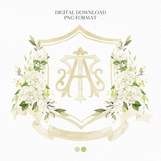 White Hydrangea Flower Wedding Crest - Monogram Crest - Hydrangea Floral Watercolor Wedding Crest - Romantic Wedding Crest - Boho Hydrangea