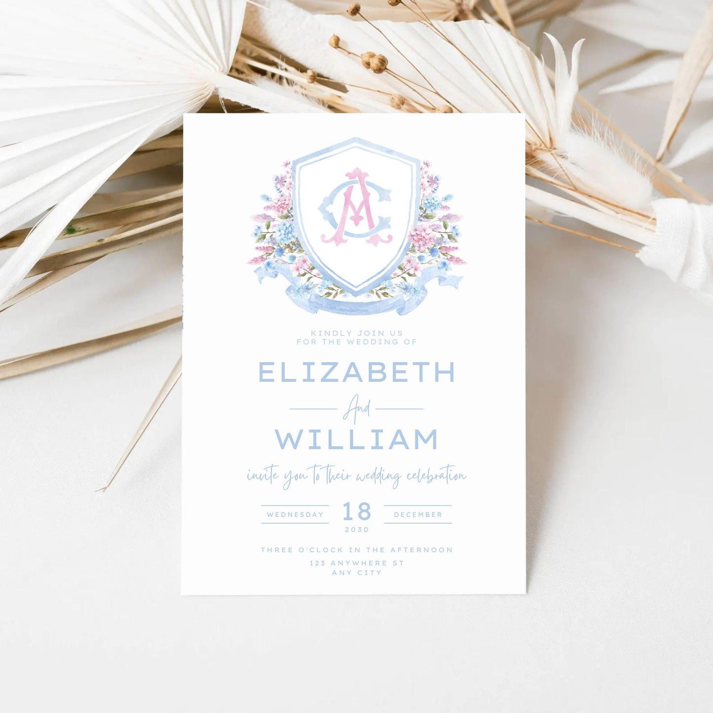 Pink Blue Hydrangea Flower Wedding Crest - Monogram Crest - Hydrangea Floral Luxury Watercolor Wedding Crest - Romantic Wedding Crest