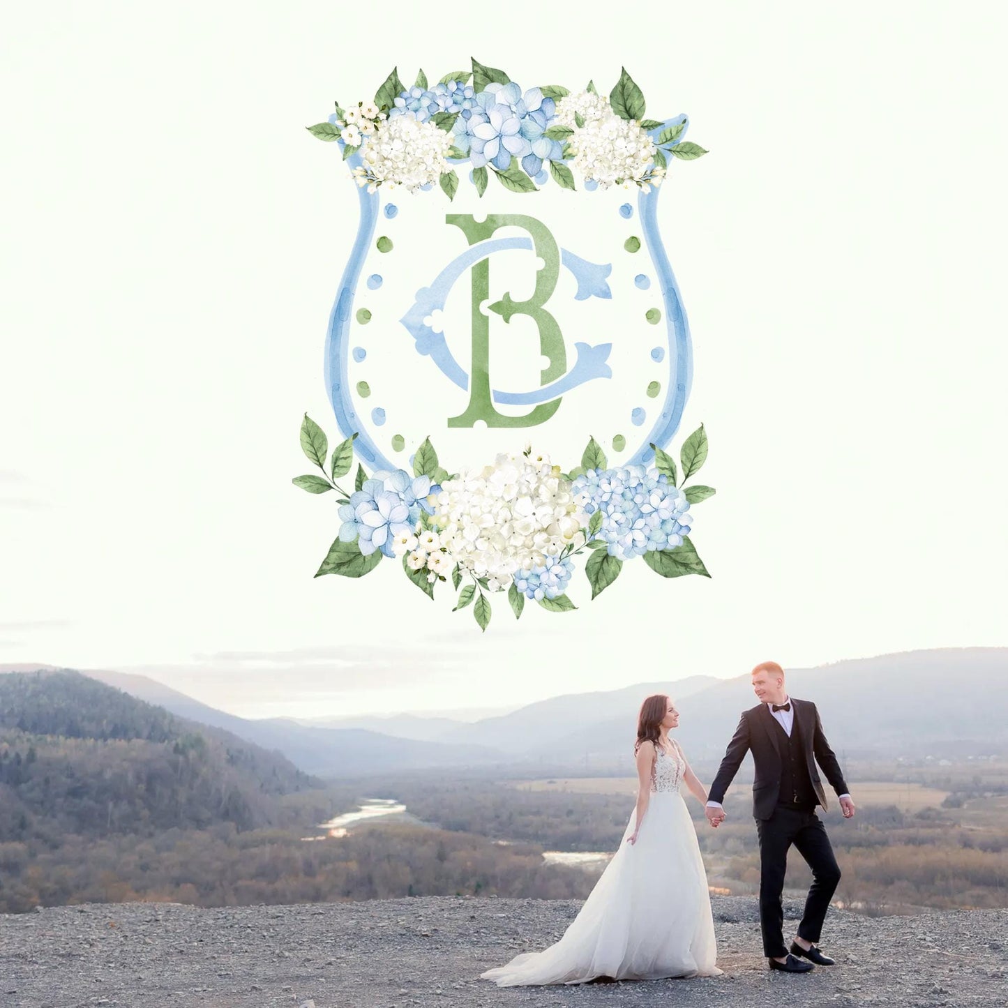 Hydrangea Flower Wedding Crest - Monogram Crest - Hydrangea Floral Luxury Watercolor Wedding Crest - Romantic Wedding Crest- Boho Hydrangea