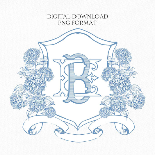 Vintage Hydrangea Flower Wedding Crest - Monogram Crest - Hydrangea Floral Luxury Line art Wedding Crest - Romantic Wedding Crest