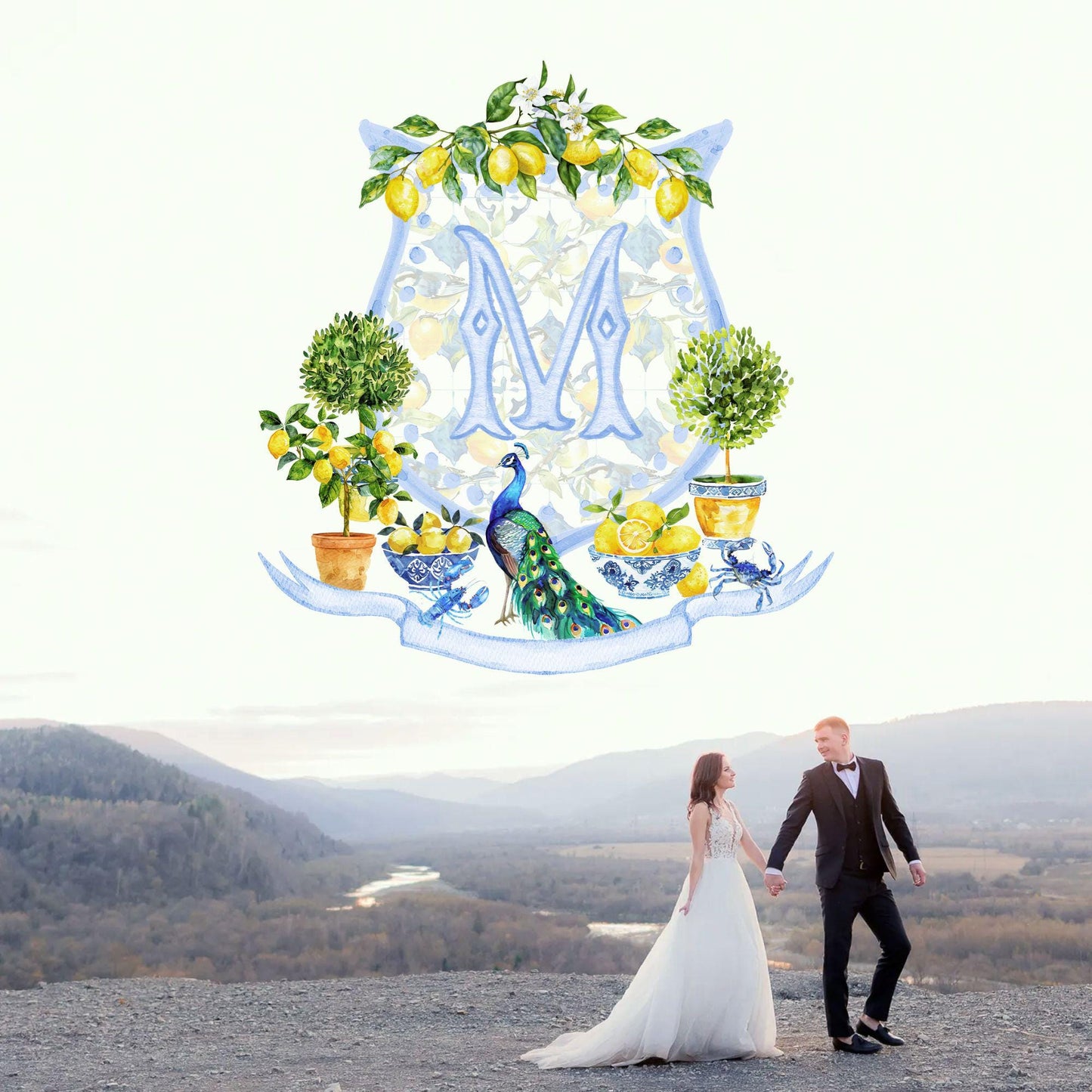 Mediterranean Tiles and Lemons Wedding Crest - Monogram Crest - Mediterranean Tiles Watercolor Wedding Crest - Italy Style Monogram Crest
