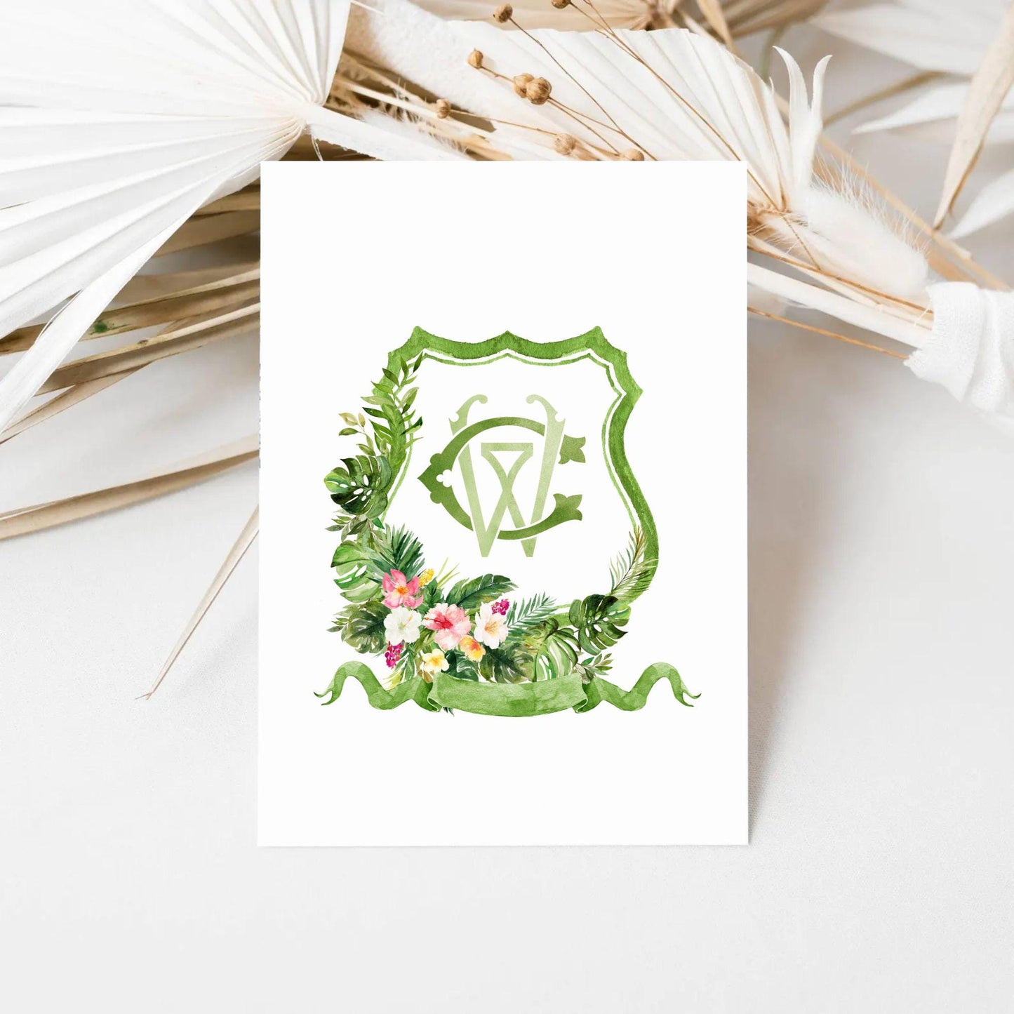 Greenery Tropical Foliage Palms Watercolor Flowers Wedding Crest - Monogram Crest - Floral Watercolor Wedding Crest - Romantic Wedding Crest