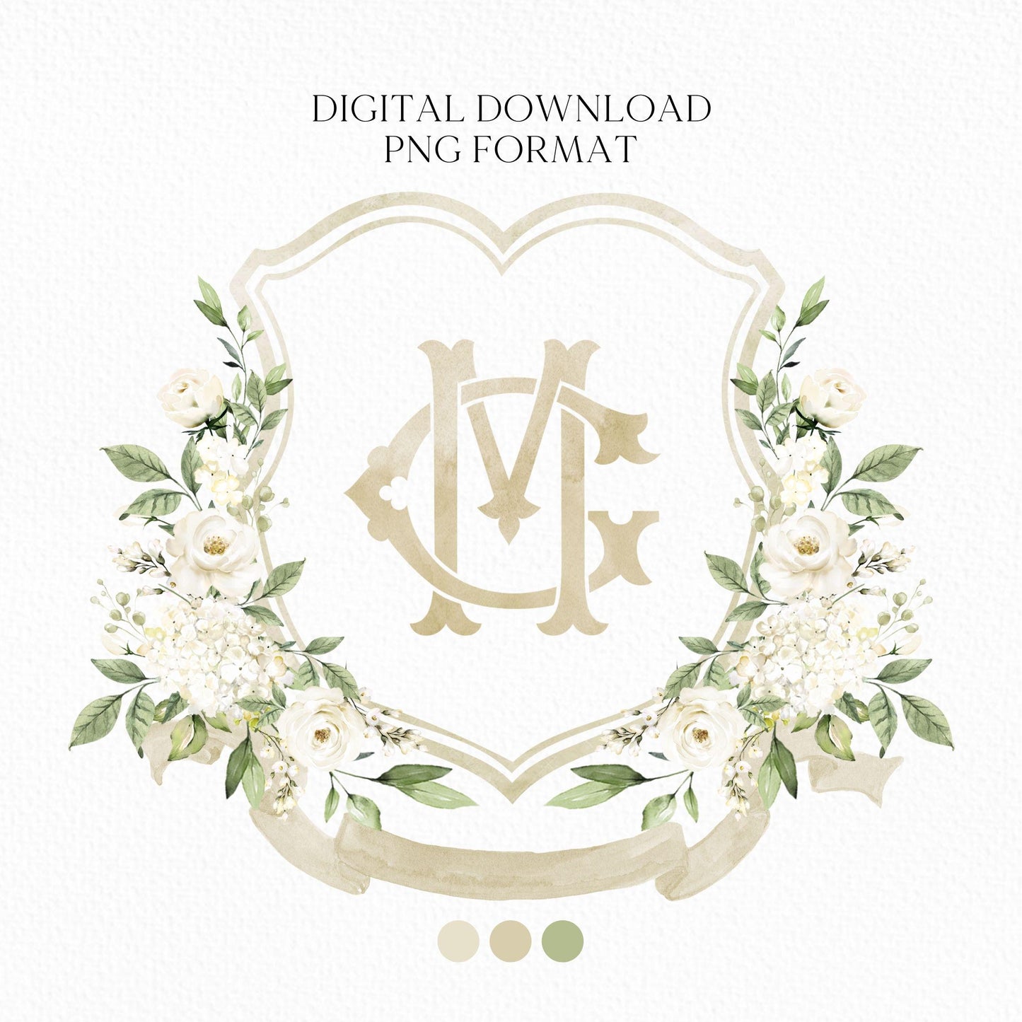 White Rose Greenery White Flower Wedding Crest - Monogram Crest - White Floral Watercolor Wedding Crest - Romantic Wedding Crest