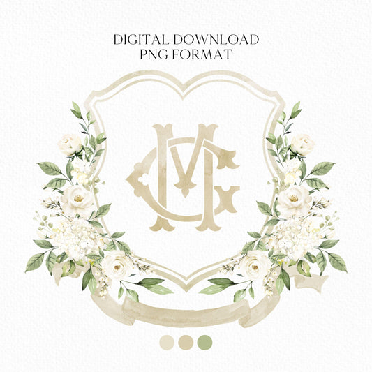 White Rose Greenery White Flower Wedding Crest - Monogram Crest - White Floral Watercolor Wedding Crest - Romantic Wedding Crest