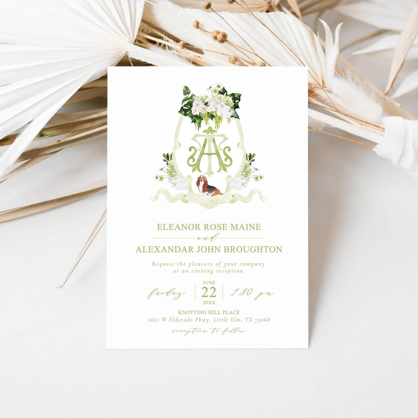 Hydrangea Macrophylla Green Flower Wedding Crest, Monogram Crest, Lush bright Greenery Floral Watercolor Wedding Crest, Hydrangea Crest