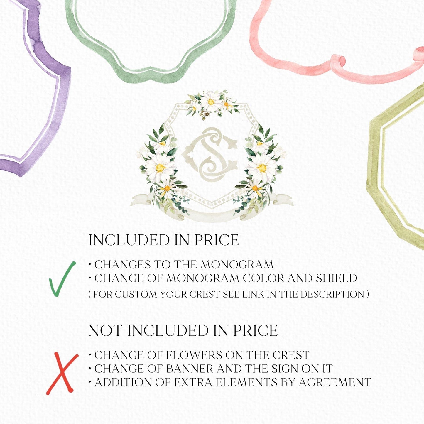 Daisy Greenery Flower Wedding Crest - Monogram Crest - Daisy Floral Luxury Watercolor Wedding Crest - Romantic Wedding Crest