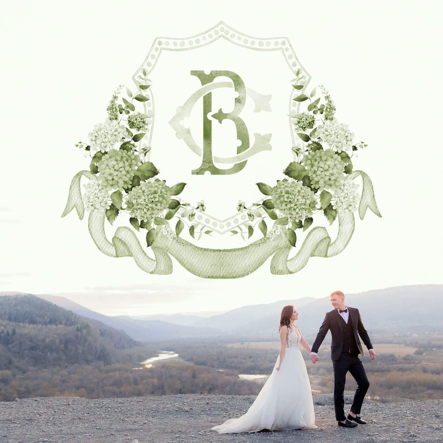 Green Hydrangea Flower Wedding Crest - Monogram Crest - Hydrangea Floral Watercolor Wedding Crest - Romantic Wedding Crest - Boho Hydrangea