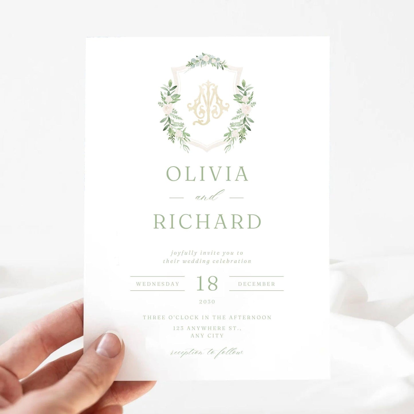 Greenery and White Floral Wedding Crest - Monogram Crest - White Floral Luxury Watercolor Wedding Crest - Romantic Wedding Crest