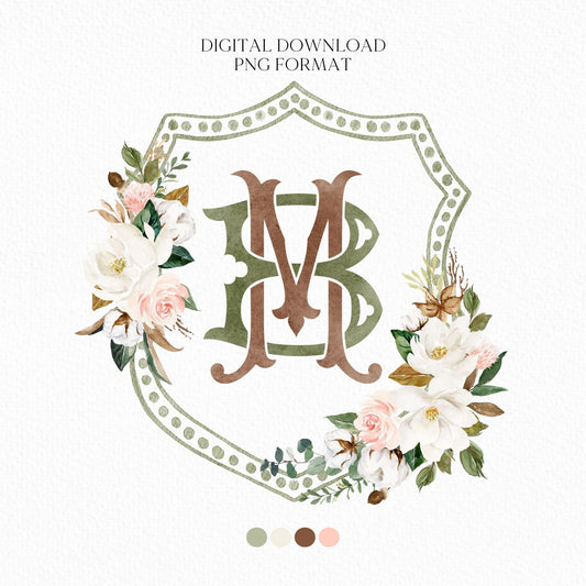 Magnolia Greenery Flower Watercolor Wedding Crest - Monogram Crest - Magnolia Floral Watercolor Wedding Crest - Romantic Wedding Crest