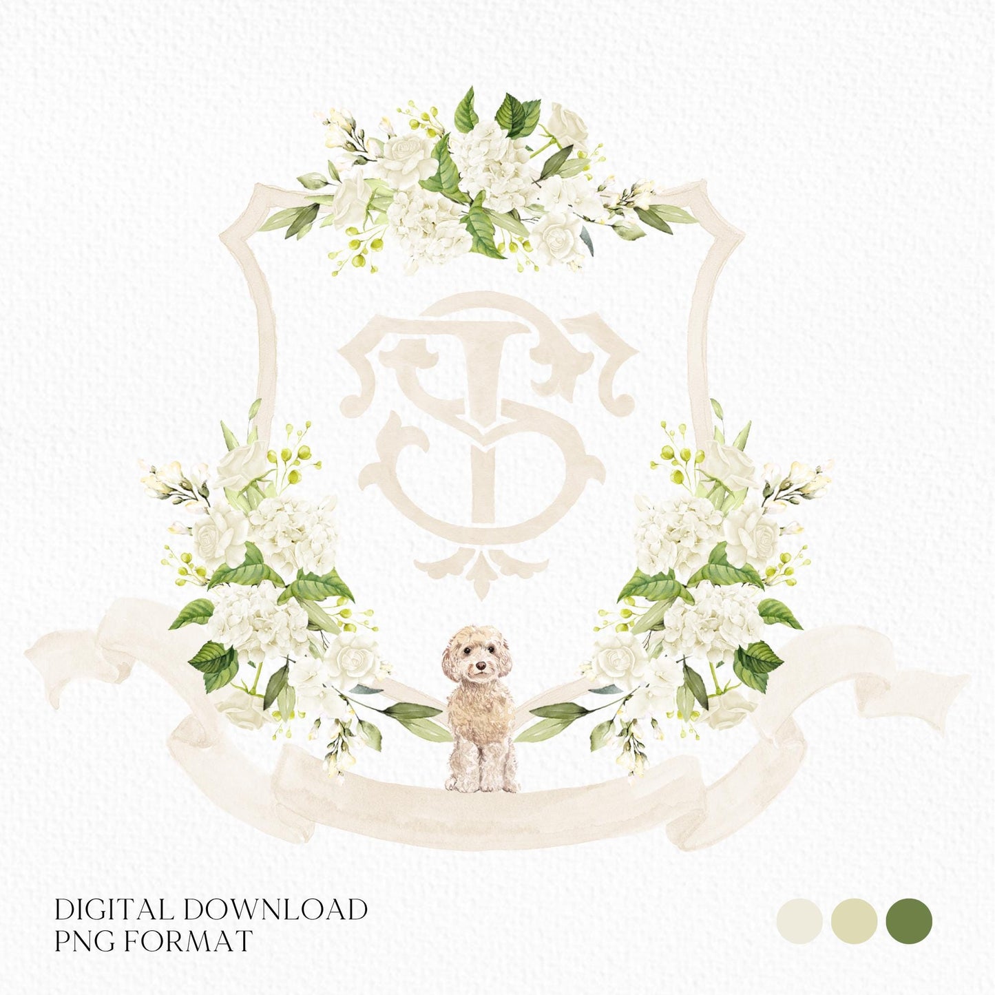 White Hydrangea Flower Wedding Crest - Monogram Crest - Hydrangea Floral Luxury Watercolor Wedding Crest - Romantic Wedding Crest