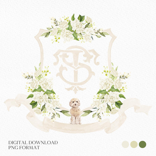 White Hydrangea Flower Wedding Crest - Monogram Crest - Hydrangea Floral Luxury Watercolor Wedding Crest - Romantic Wedding Crest