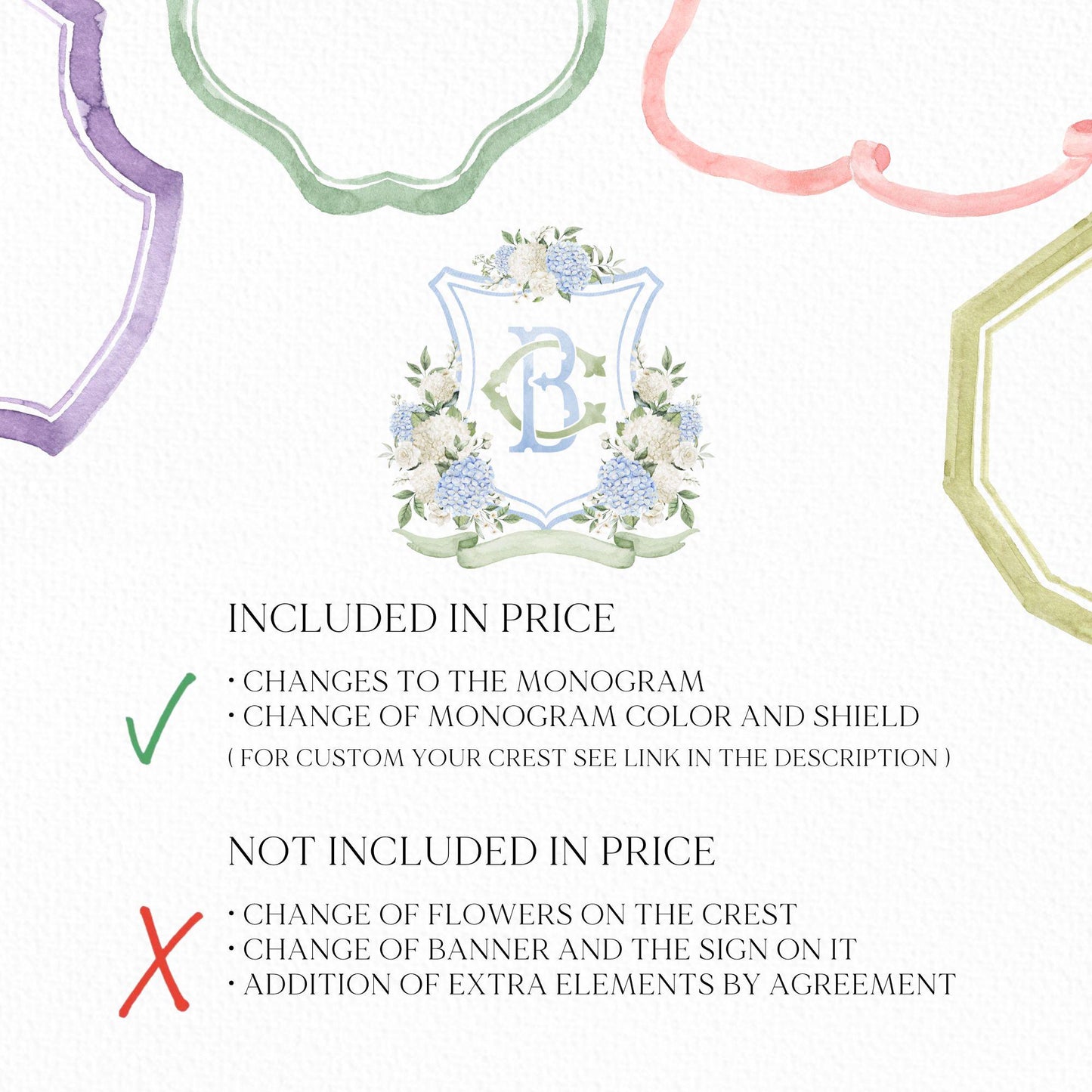 Hydrangea Flower Wedding Crest - Monogram Crest - Hydrangea Floral Luxury Watercolor Wedding Crest - Romantic Wedding Crest- Boho Hydrangea