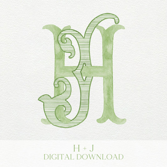 Watercolor Wedding Monogram - JH Initial Crest (Digital Download)