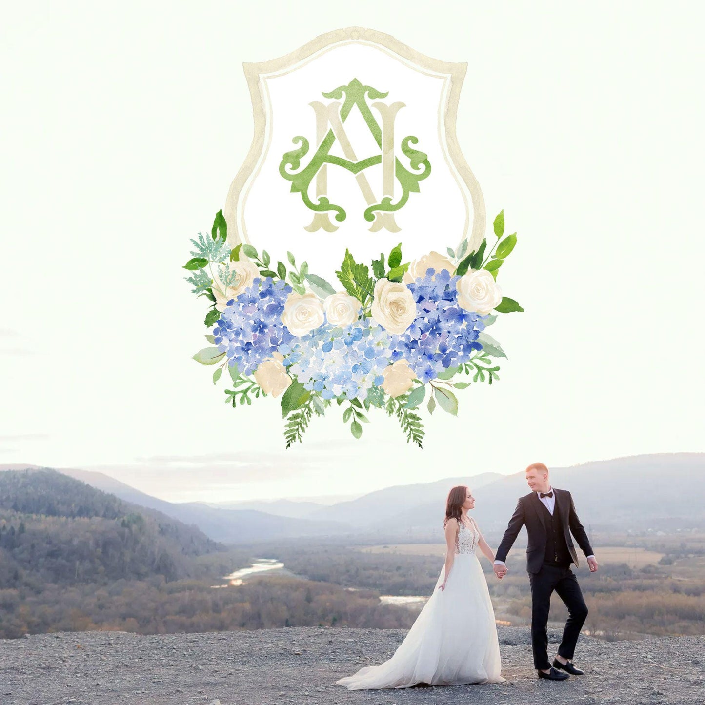 Hydrangea Flower Wedding Crest - Monogram Crest - Hydrangea Floral Blue Watercolor Wedding Crest - Romantic Wedding Crest - Boho Hydrangea