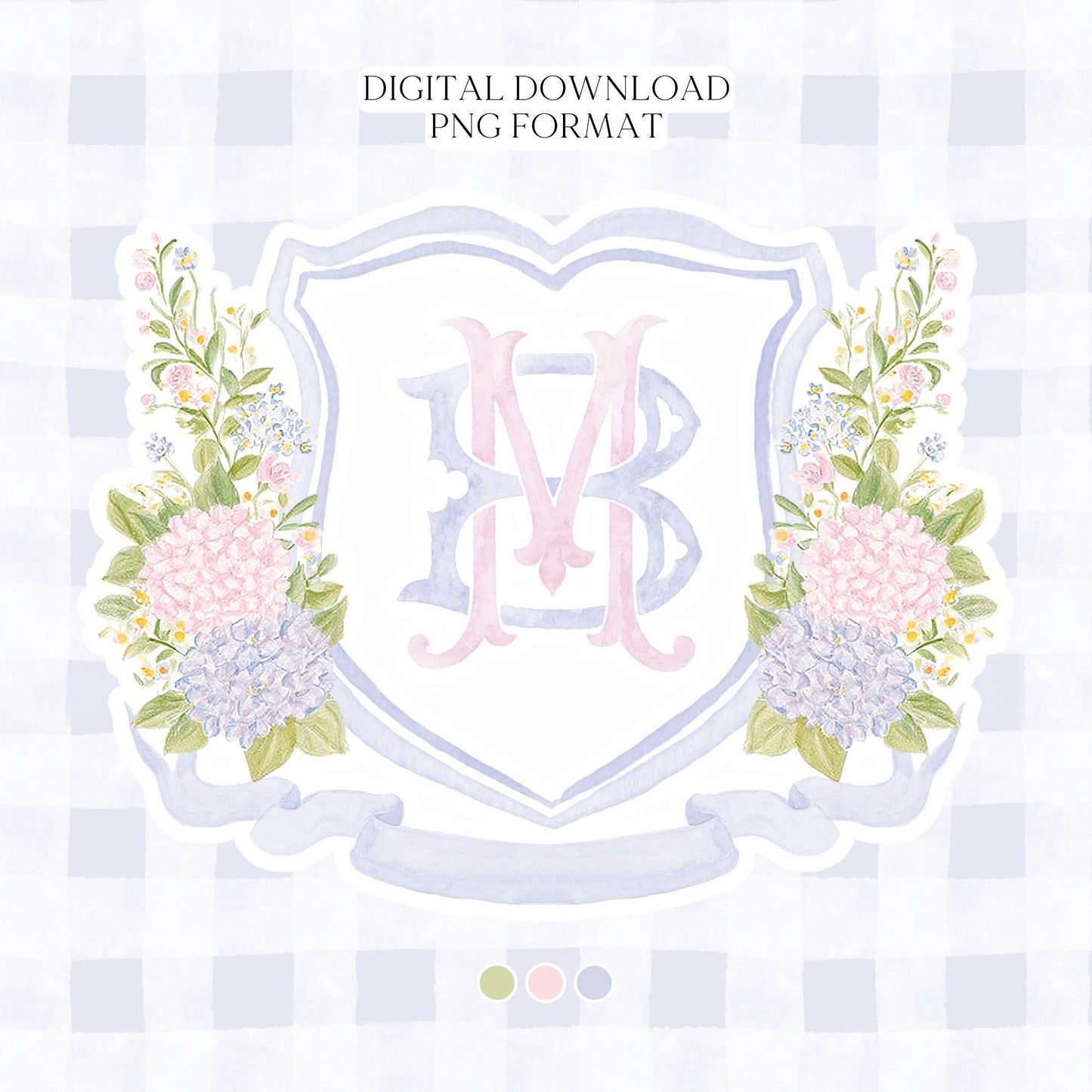 Blue Pink Hydrangea Flower Wedding Crest - Monogram Crest - Pastel Color Hydrangea Floral Luxury Watercolor Wedding Crest