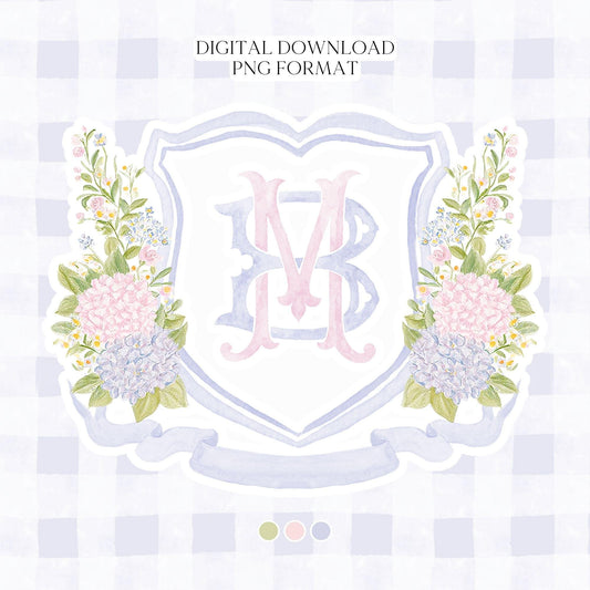 Blue Pink Hydrangea Flower Wedding Crest - Monogram Crest - Pastel Color Hydrangea Floral Luxury Watercolor Wedding Crest