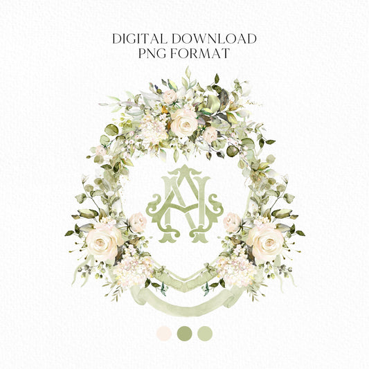 White Roses Eucalyptus Flower Wedding Crest - Monogram Crest - White Floral Luxury Watercolor Wedding Crest - Romantic Wedding Crest