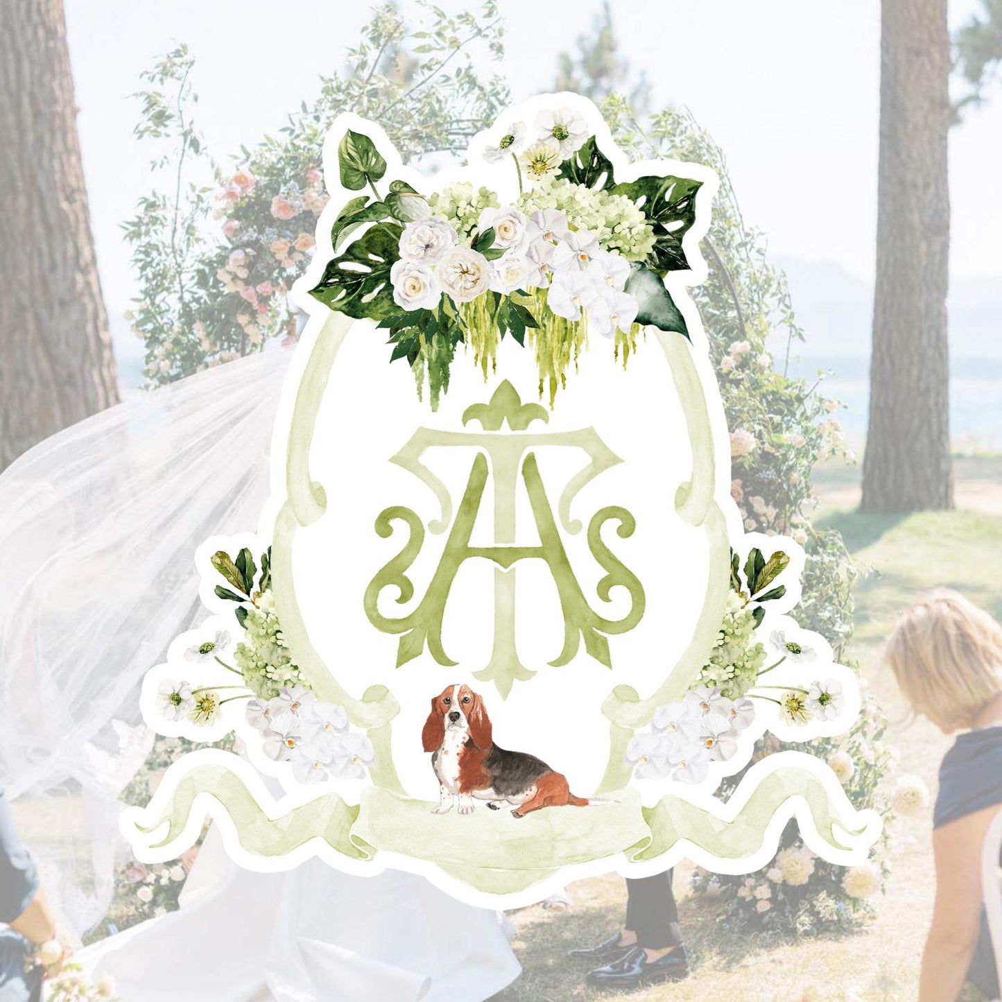 Hydrangea Macrophylla Green Flower Wedding Crest, Monogram Crest, Lush bright Greenery Floral Watercolor Wedding Crest, Hydrangea Crest