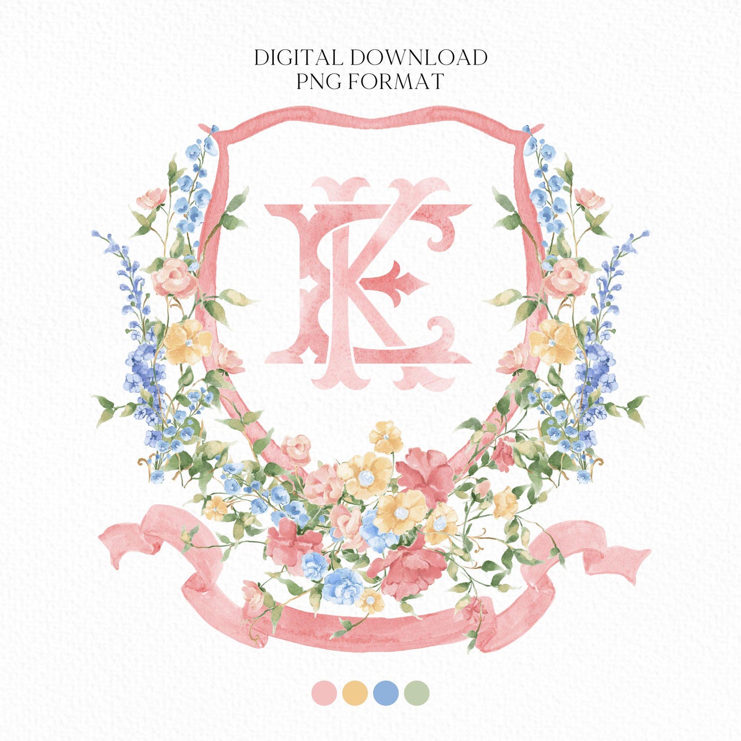 Wildflowers Pink Flower Garden Flowers Wedding Crest - Monogram Crest - Floral Luxury Watercolor Wedding Crest - Romantic Wedding Crest