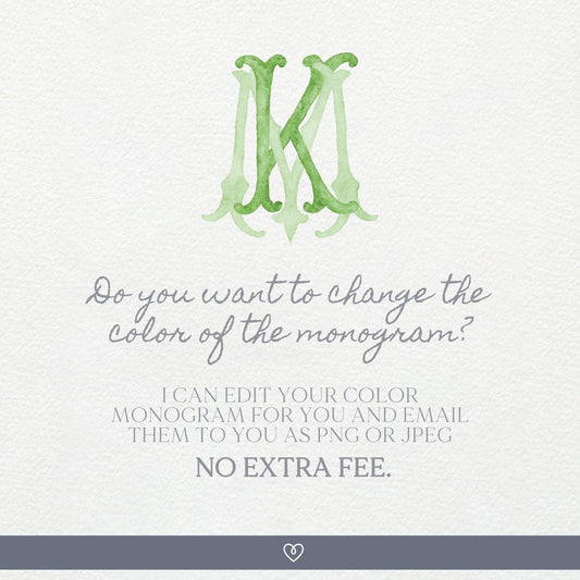 Watercolor Wedding Monogram - Green MK Initial Design (Digital Download)
