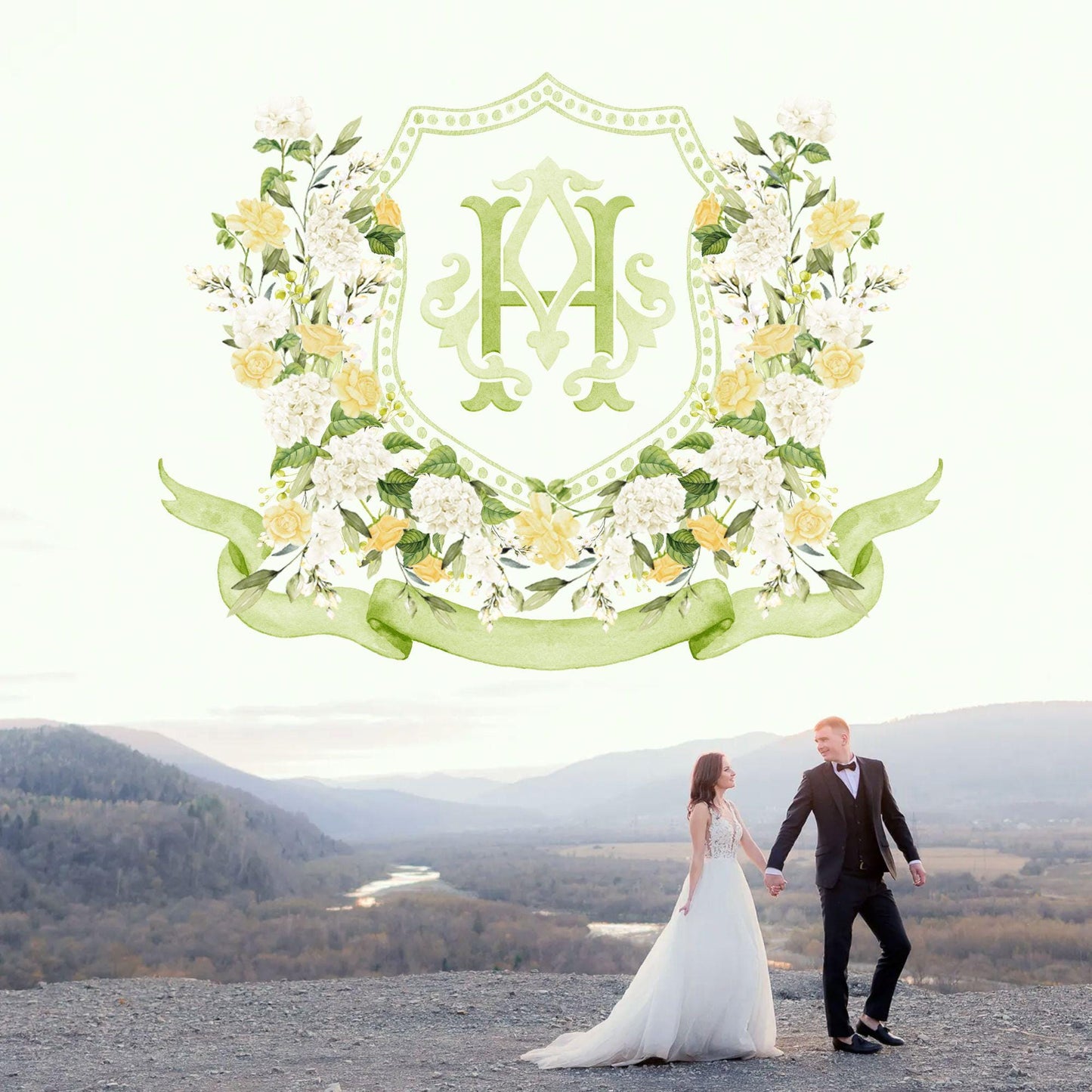 White Hydrangea Light Yellow Rose Flower Wedding Crest - Monogram Crest - Hydrangea Floral Luxury Watercolor Wedding Crest