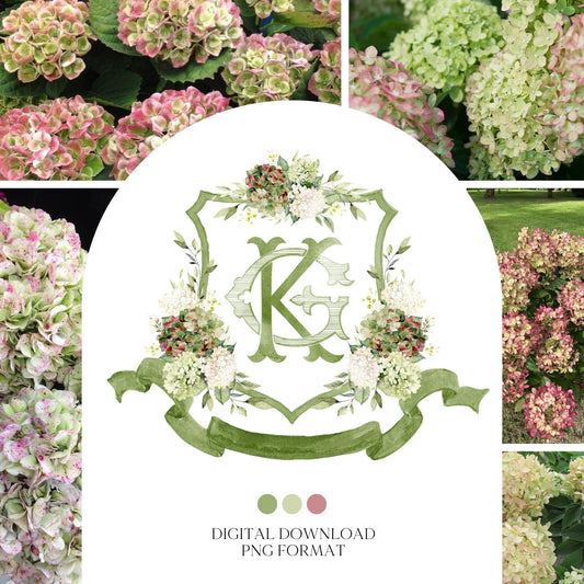 Hydrangea Macrophylla Green Flower Wedding Crest, Monogram Crest, Lush bright Greenery Floral Watercolor Wedding Crest, Hydrangea Crest
