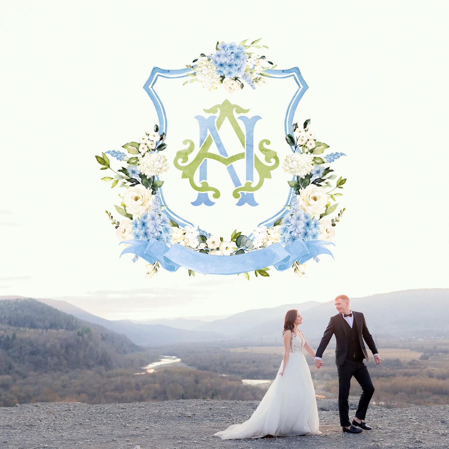 Hydrangea Flower Wedding Crest - Monogram Crest - Hydrangea Floral Luxury Watercolor Wedding Crest - Romantic Wedding Crest- Boho Hydrangea