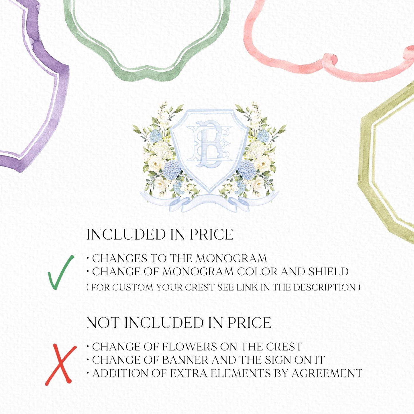 Hydrangea Flower Wedding Crest - Monogram Crest - Hydrangea Floral Luxury Watercolor Wedding Crest - Romantic Wedding Crest- Boho Hydrangea