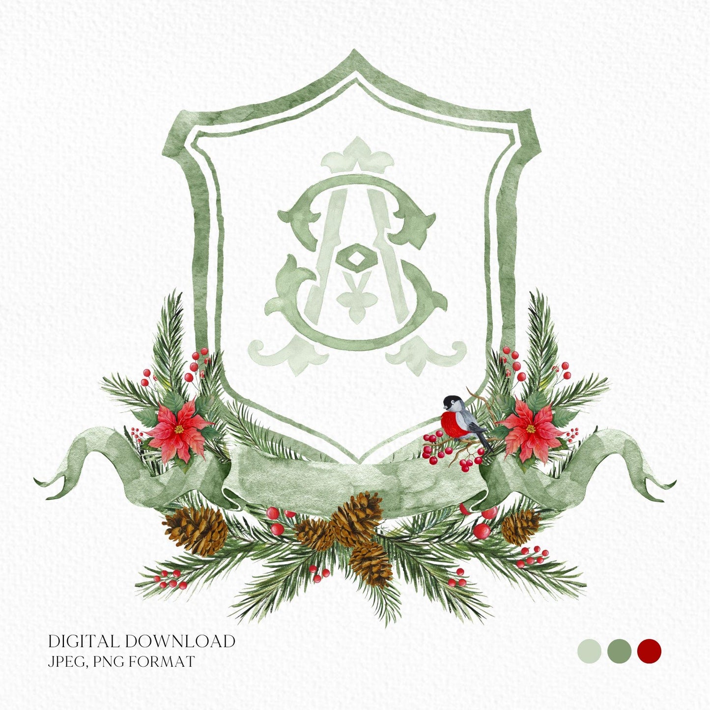Custom Christmas Wedding Crest - Monogram Crest - Rose Hips Floral Watercolor Wedding Crest - Winter Christmas Wedding Crest - Winter Crest