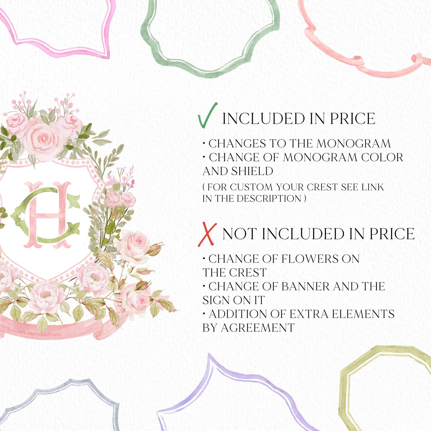 Blush Pink Floral Rustic Greenery Flower Wedding Crest - Monogram Crest - Floral Watercolor Wedding Crest - Romantic Wedding Crest