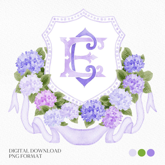 Watercolor Purple Hydrangea Flower Wedding Crest - Monogram Crest - Hydrangea Floral Watercolor Wedding Crest - Romantic Wedding Crest