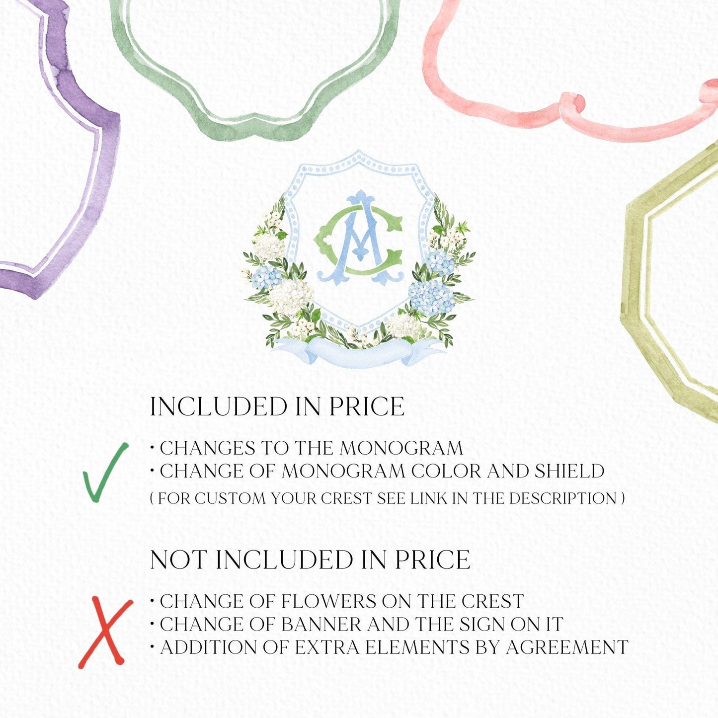 Hydrangea Flower Wedding Crest - Monogram Crest - Hydrangea Floral Luxury Watercolor Wedding Crest - Romantic Wedding Crest- Boho Hydrangea