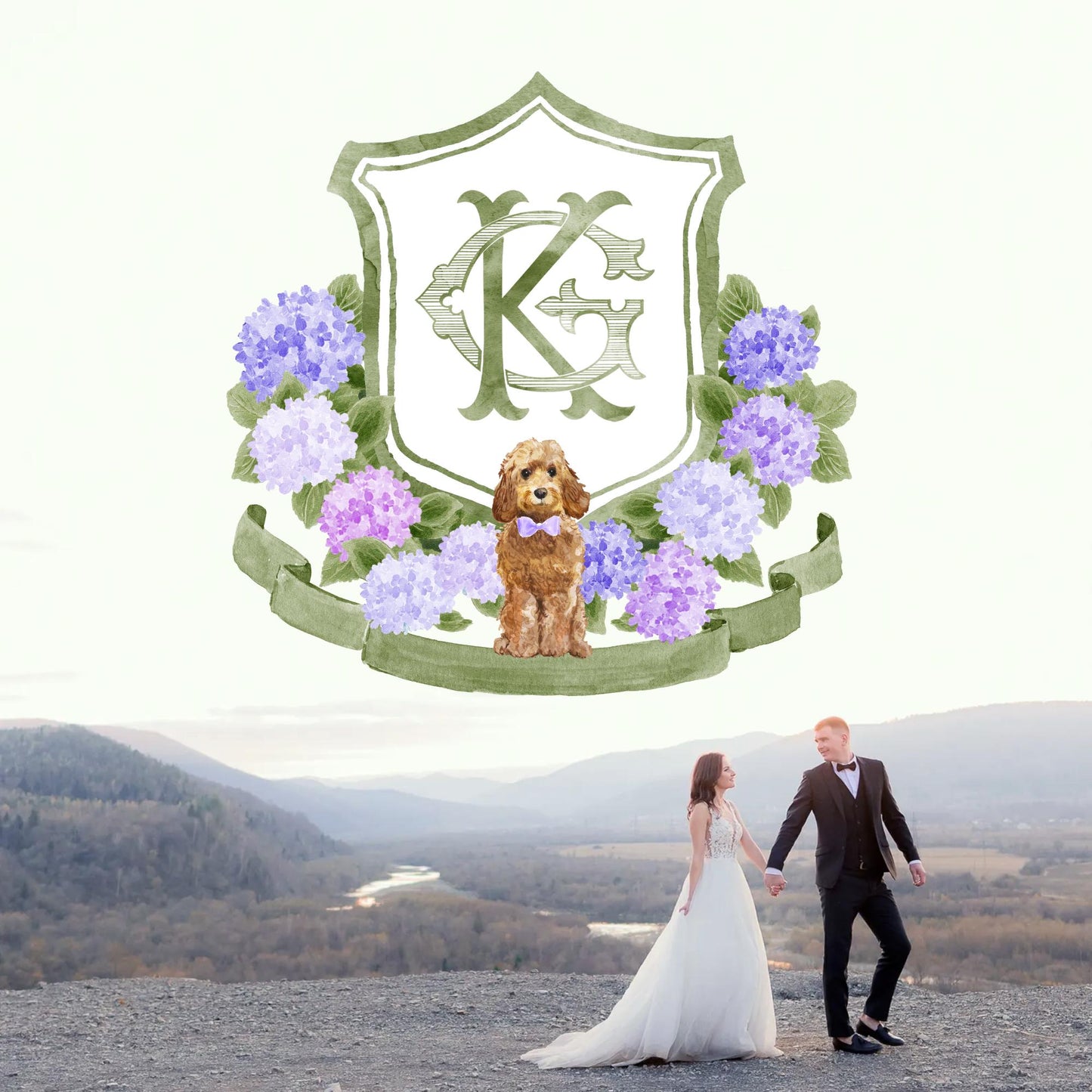 Blue, Pink & Purple Hydrangea Flower Wedding Crest - Monogram Crest - Hydrangea Floral Watercolor Wedding Crest - Romantic Wedding Crest