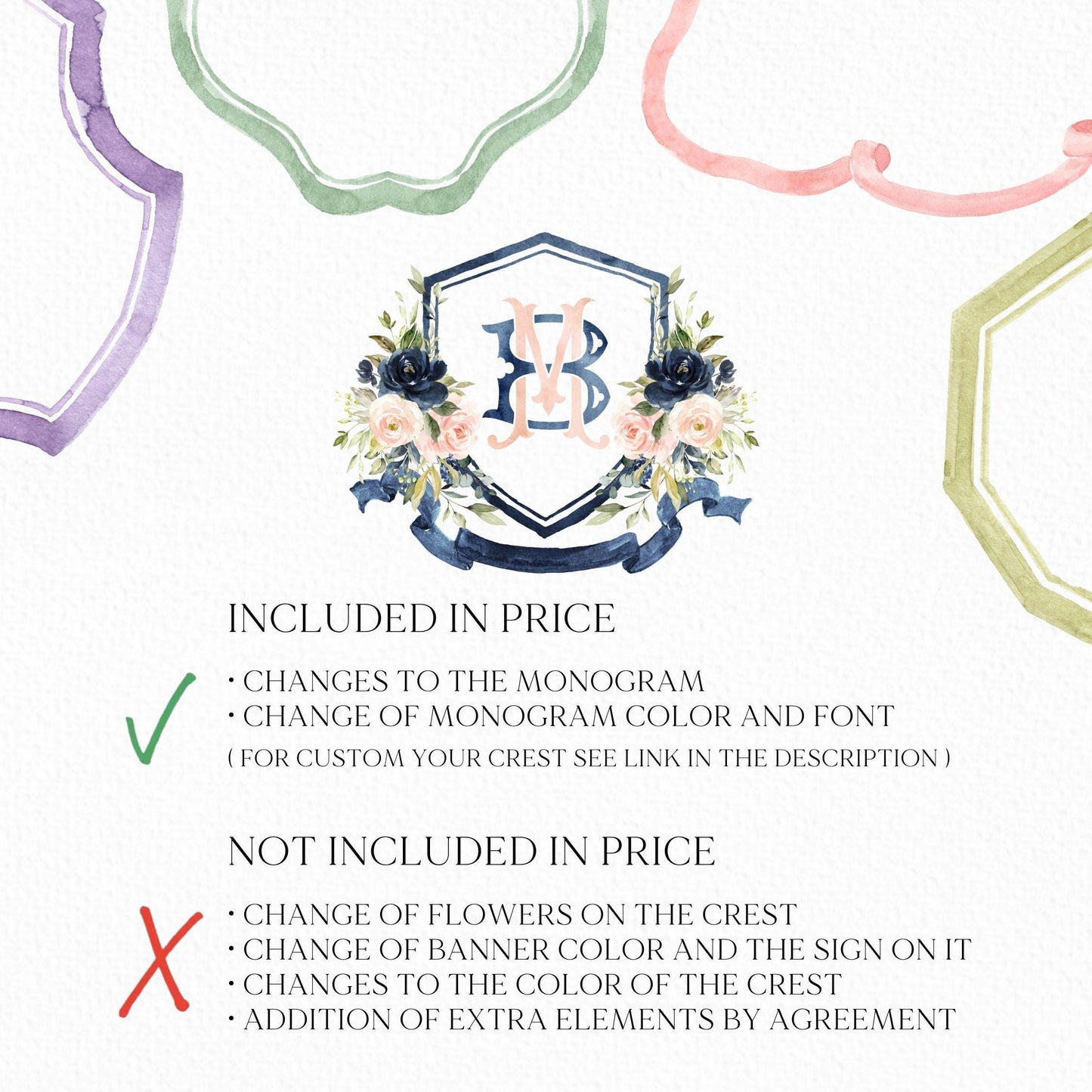 Blush Pink & Navy Floral Watercolor Wedding Crest - Monogram Crest - Navy Floral Luxury Watercolor Wedding Crest - Romantic Wedding Crest